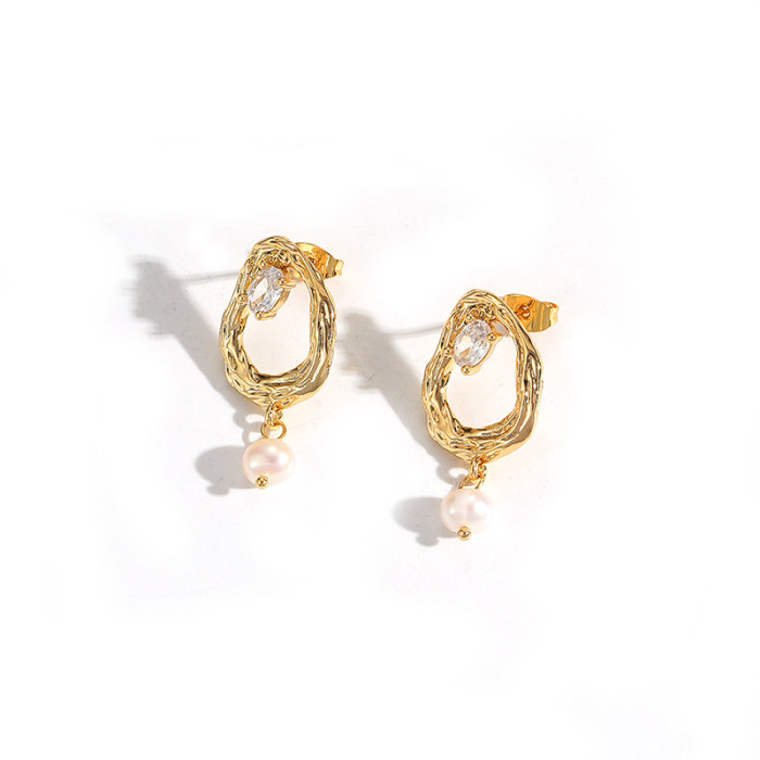 Natural Pearl Earrings Women'S Fashion French Niche Design Earrings Zircon Retro Style Versatile Earrings