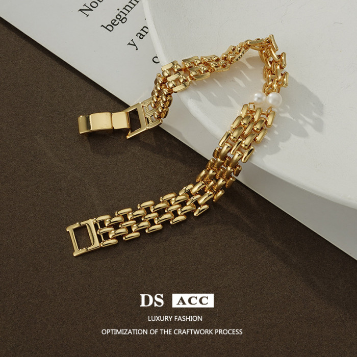 Belt Buckle Bracelet Women'S 18K Gold Plated Woven Chain Light Luxury Fashion Versatile Niche Design Pearl Jewelry
