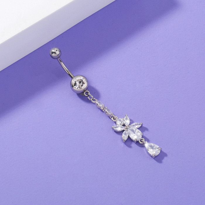 Popular Creative Exquisite Zircon Tassel Navel Nail Piercing Personalized Flower Drop Pendant Navel Ring Women