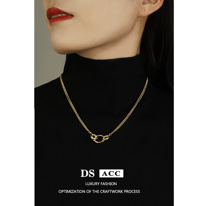 Necklace Women Double-Layer Three Ring Buckle Necklace Light Luxury High-End Retro Niche Design Clavicle Chain