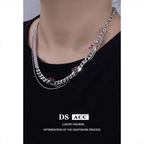 Necklace Women Purple Zircon Chain Stitching Decoration Double Layered Overlay Niche Design Cool Wind Clavicle Chain