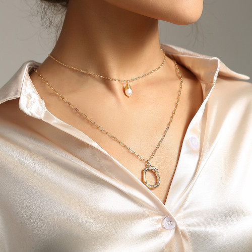 Simple Necklace Women Letter O Pendant Double Layer Necklace Niche Design Fresh Natural Pearl Clavicle Chain