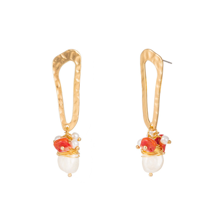 Jewelry Retro Geometric Metal Earrings Handmade Natural Freshwater Pearl Coral Earrings