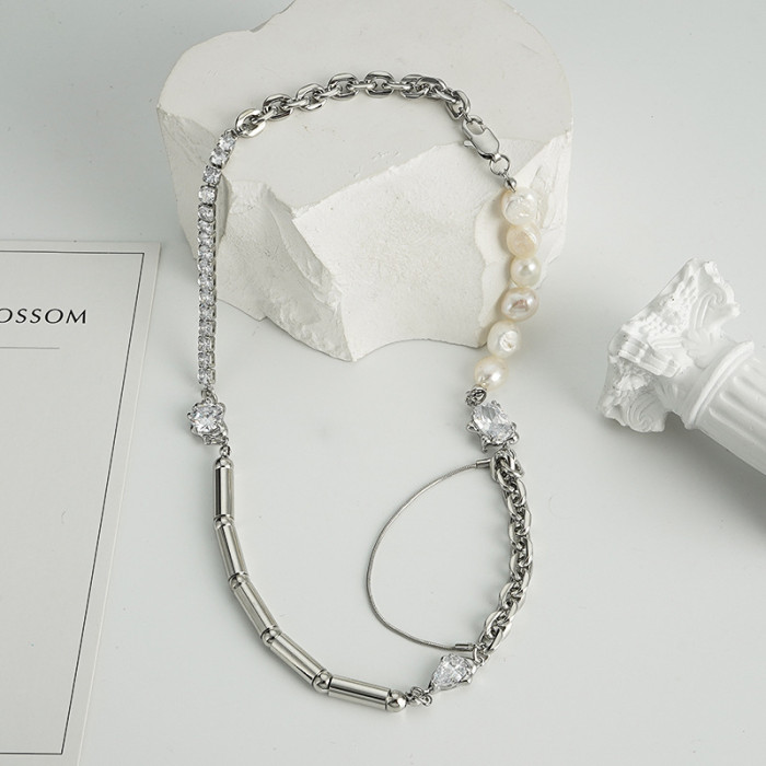 Natural Pearl Necklace Women Zircon Fashion Versatile Niche Design Cool Style Hip Hop Collarbone Chain