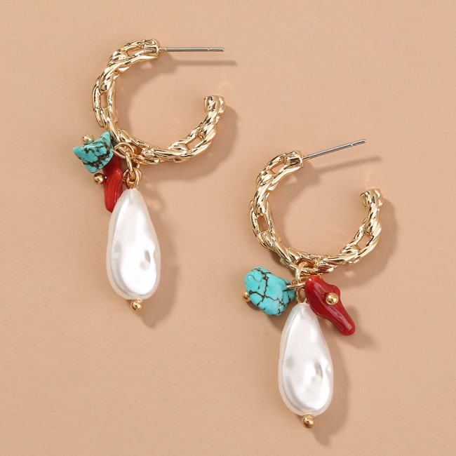 Creative Personalized C-Shaped Metal Earrings Retro Natural Stone Mixed With Special-Shaped Pearl Jewelry Earrings