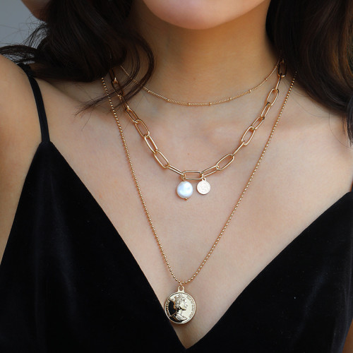 Simple Jewelry Elizabeth Vintage Coin Pendant Baroque Pearl Multi-Layer Necklace Collarbone Chain