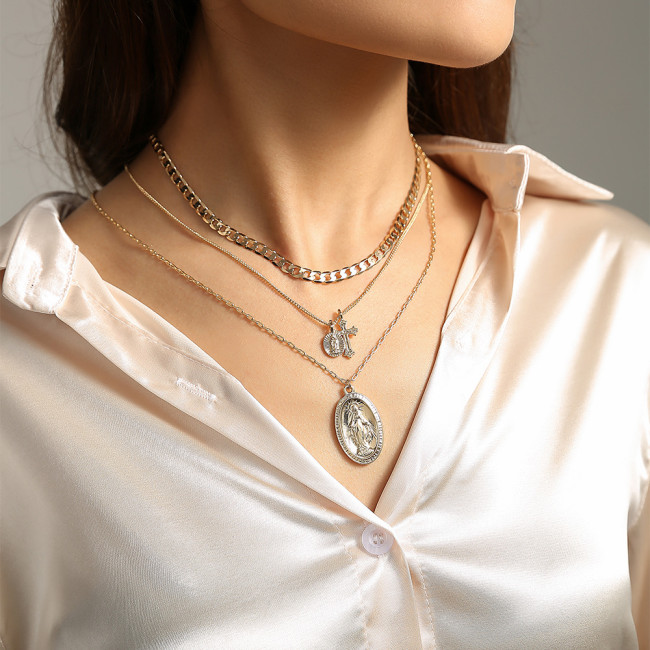 Hot Selling Fashion Street Fashion Multi-Layer Overlapping Necklace Sun Goddess Portrait Cross Necklace