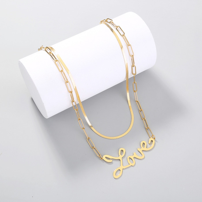 Simple And Exaggerated Love Letter Overlay Necklace Flat Gold Chain Lattice Chain Necklace