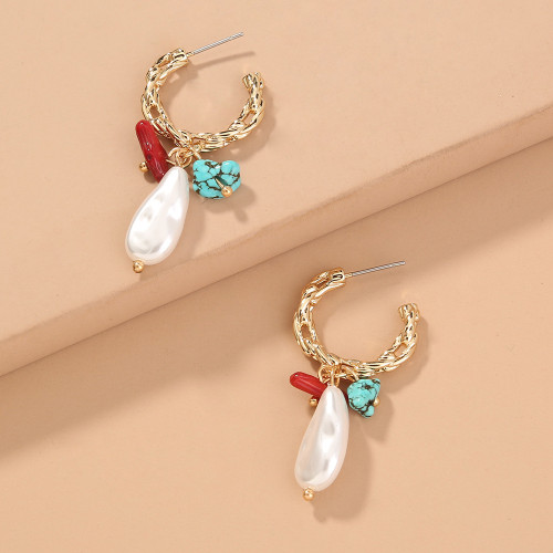 Creative Personalized C-Shaped Metal Earrings Retro Natural Stone Mixed With Special-Shaped Pearl Jewelry Earrings