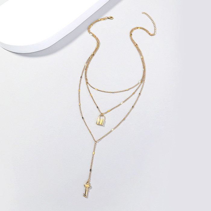 E-Commerce Hot Selling Jewelry Fashion Geometric Lock Pendant Necklace Key Long Sweater Chain Multi-Layer Necklace