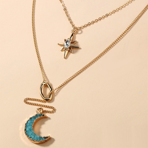 Popular Fashion Multi-Layer Necklace Personality Creativity Horse Eye Sun Collarbone Chain Resin Tassel Moon Necklace