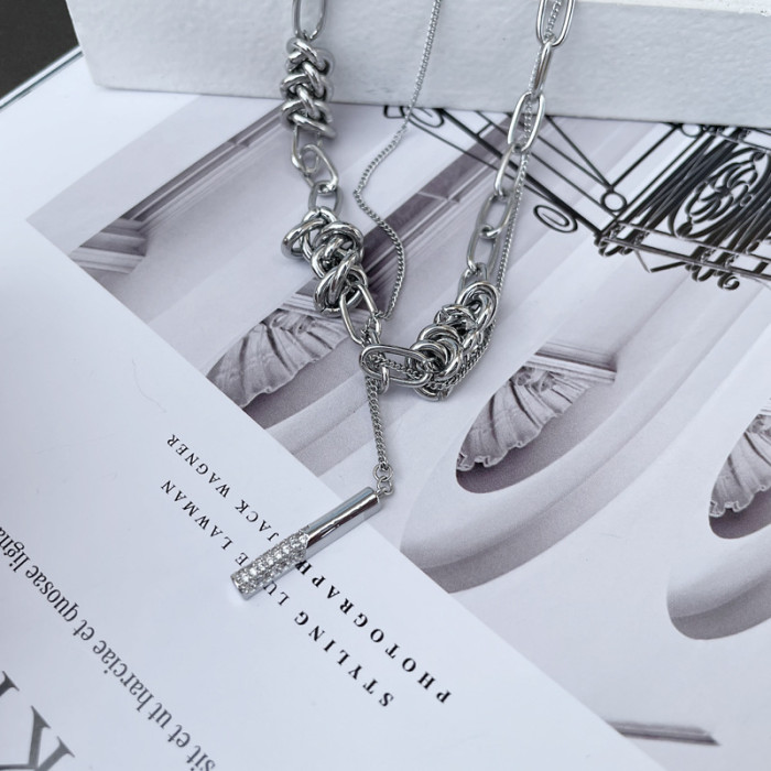 Long Stick Zircon Necklace Women'S Light Luxury Hip-Hop Creative Double Layer Stackable Collarbone Chain Men'S Simple And Versatile