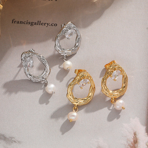 Natural Pearl Earrings Women'S Fashion French Niche Design Earrings Zircon Retro Style Versatile Earrings