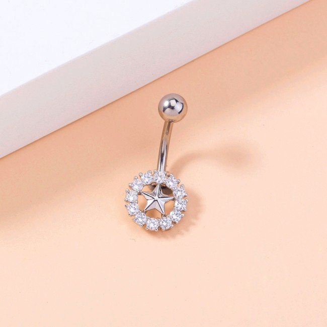 Exaggerated Personality Micro Inlaid Round Five Pointed Star Navel Nail Zircon Piercing Navel Accessory Girl
