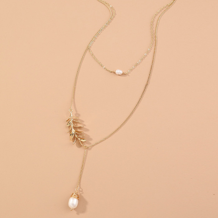Hot Selling Jewelry Simple Style Freshwater Pearl Pendant Double Layer Necklace Niche Design Leaf Wheat Ear Necklace