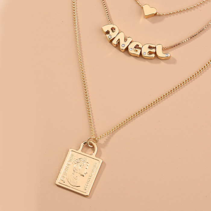 Fashion Style Retro Square Brand Queen'S Head Lock Pendant Angel Angel Multi Layered Overlay Necklace
