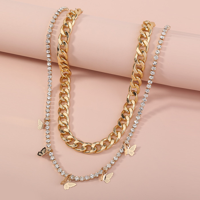 Jewelry Fashion Street Hip Hop Style Thick Chain Necklace Rhinestone Claw Chain Butterfly Tassel Double Layer Necklace