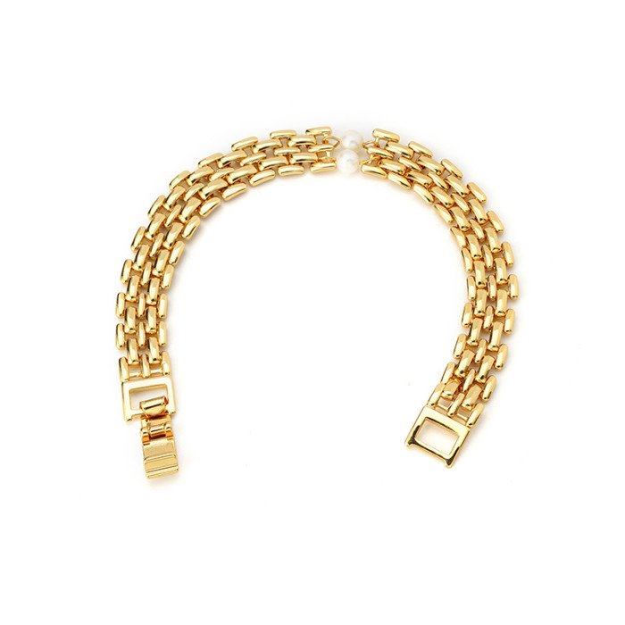 Belt Buckle Bracelet Women'S 18K Gold Plated Woven Chain Light Luxury Fashion Versatile Niche Design Pearl Jewelry