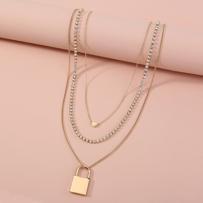 Popular Street Shot Neckwear Fashion Exaggerated Personality Lock Pendant Multi-Layer Diamond Inlaid Gold Necklace Women