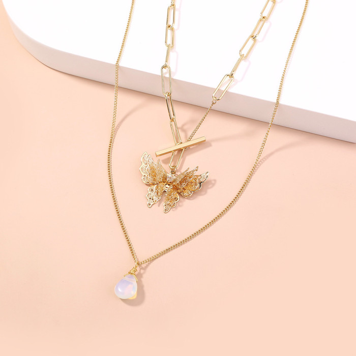 Simple Natural Opal Drop Pendant Necklace Cool Wind Butterfly Buckle Overlay Necklace Women