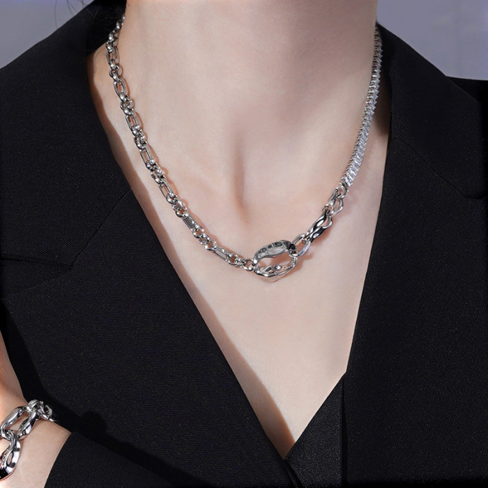 Zircon Necklace Women Ring Splicing Decorative Niche Design Cool Style Fashion Versatile Clavicle Chain