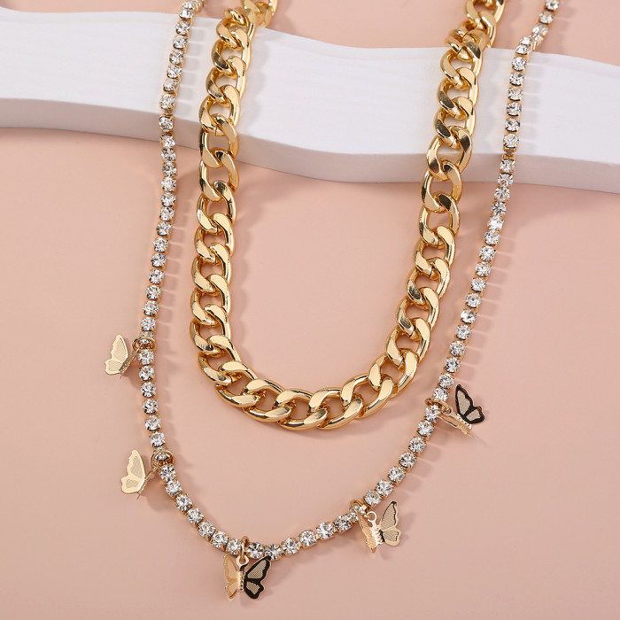 Jewelry Fashion Street Hip Hop Style Thick Chain Necklace Rhinestone Claw Chain Butterfly Tassel Double Layer Necklace