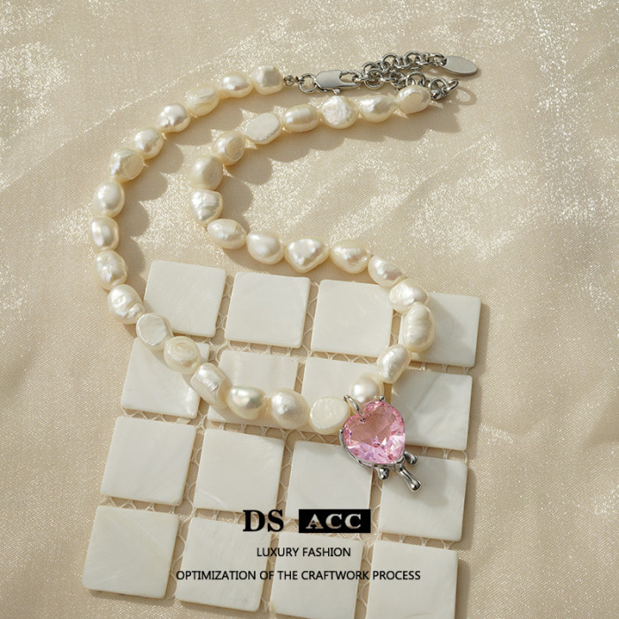 Natural Pearl Necklace Women Drop Wax Love Inlaid Zircon Decorative Niche Design Cool Wind Clavicle Chain