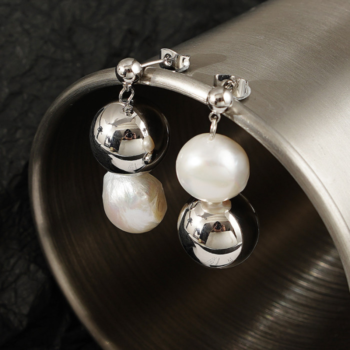 Natural Pearl Earrings Women'S French Light Luxury Silver Spherical Earrings Fall Winter Versatile Niche Earrings