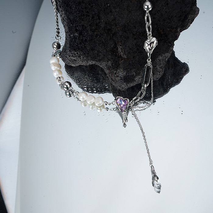 Pearl Necklace Women Love Light Luxury Zircon Silver Stitched Collarbone Chain Niche Design Sweater Chain