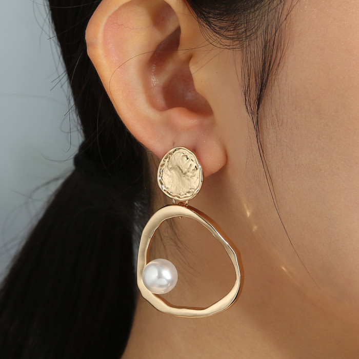 Style Big Brand Jewelry Simple And Versatile Metal Geometric Pearl Earrings