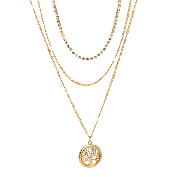 New Accessories Round Hollow Diamond Inlaid Life Tree Pendant Necklace Women'S Light Luxury Diamond Inlaid Multi-Layer Necklace