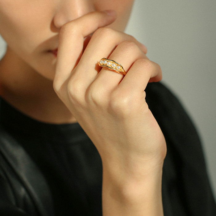Pearl Ring Women Open Ring Light Luxury Niche Pea Pod Design Index Finger Ring