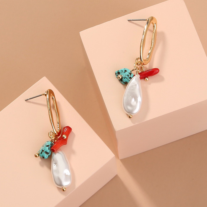 Oval Hollow Out Earrings Famous Family Style Characteristic Natural Turquoise Coral Stone Earrings Earrings