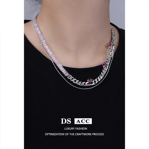 Necklace Women Purple Zircon Chain Stitching Decoration Double Layered Overlay Niche Design Cool Wind Clavicle Chain