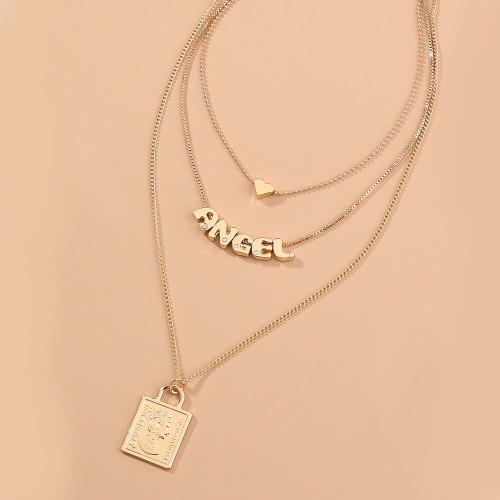Fashion Style Retro Square Brand Queen'S Head Lock Pendant Angel Angel Multi Layered Overlay Necklace