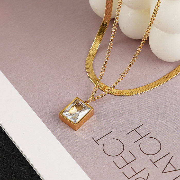 Necklace Women Light Luxury 18K Gold Plated Square Zircon Double-Layer Clavicle Chain Personalized Niche Design Snake Bone Chain