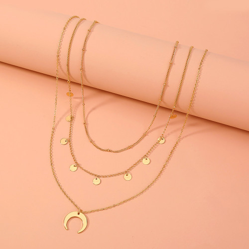 Popular Fashion Jewelry Small Disc Tassel Moon Multi-Layer Necklace Crescent Style Clavicle Chain Women