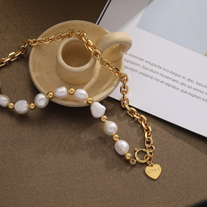 Natural Pearl Necklace Women Love Pendant Personalized Versatile 18K Gold Plated Splicing Niche Design Clavicle Chain
