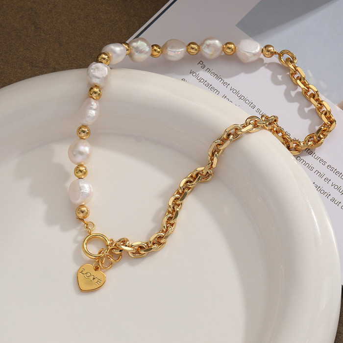 Natural Pearl Necklace Women Love Pendant Personalized Versatile 18K Gold Plated Splicing Niche Design Clavicle Chain