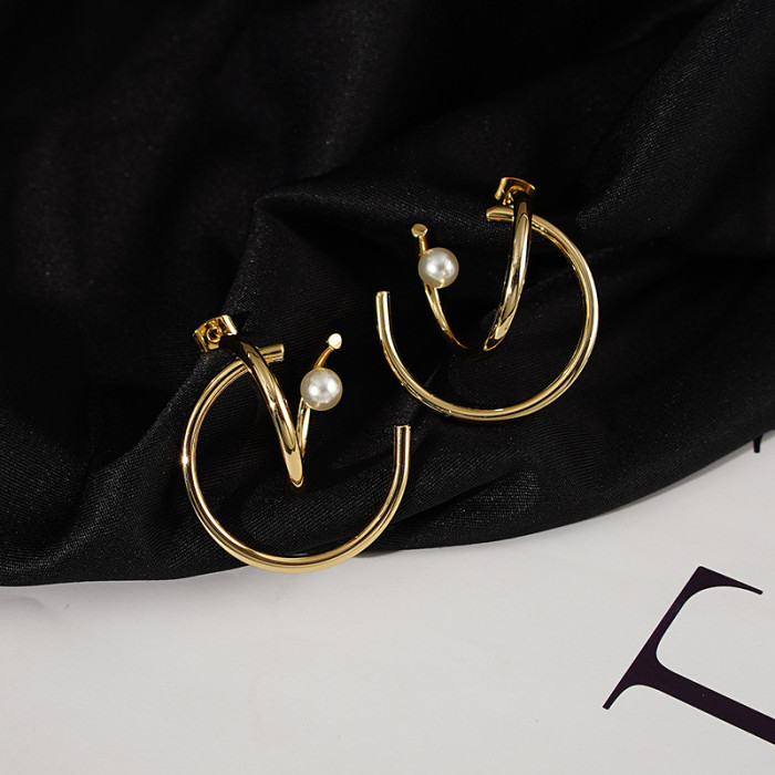 Pearl Earrings Women'S Light Luxury Fashion Circle Earrings 18K Gold Plated Style Simple Niche Design Earrings