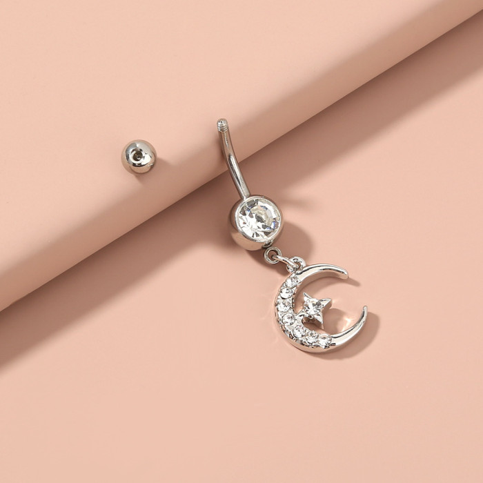Fashionable Stainless Steel Natural Color Navel Nail Moon Star Diamond Inlaid Exquisite Shining Human Body Piercing Jewelry