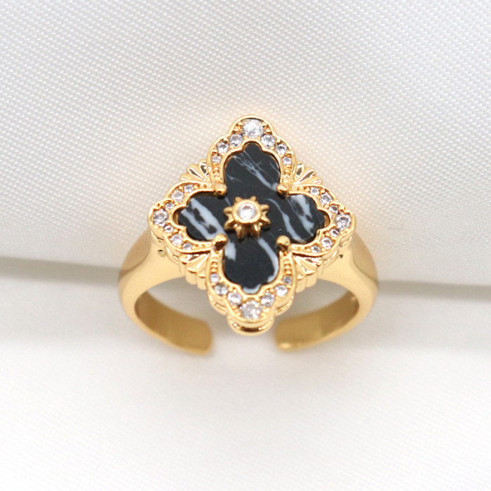 Seiko Diamond Inlaid Clover Female Ring White Fritillaria Agate Clover Index Finger Ring With Adjustable Opening