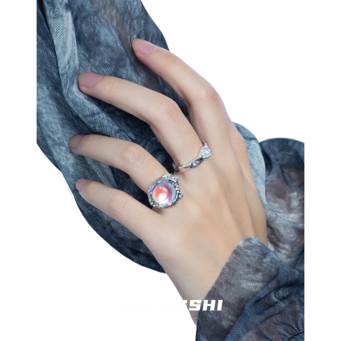 Unique Designer Style Simple Lava Texture Inlaid Moonstone Adjustable Non Fading Female Ring