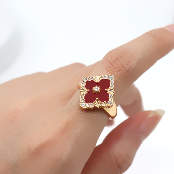 Seiko Diamond Inlaid Clover Female Ring White Fritillaria Agate Clover Index Finger Ring With Adjustable Opening