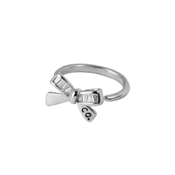 Unique Designer Style Simple Bow, Retro Square Zircon Non Fading Open Ring For Women