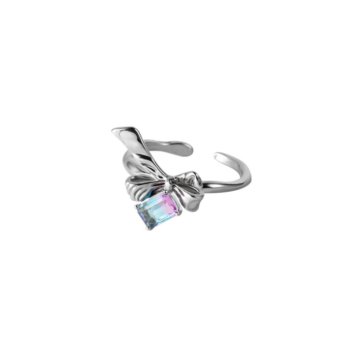 Unique Designer Silver Cloth Bow Gradient Zircon Open Ring For Women