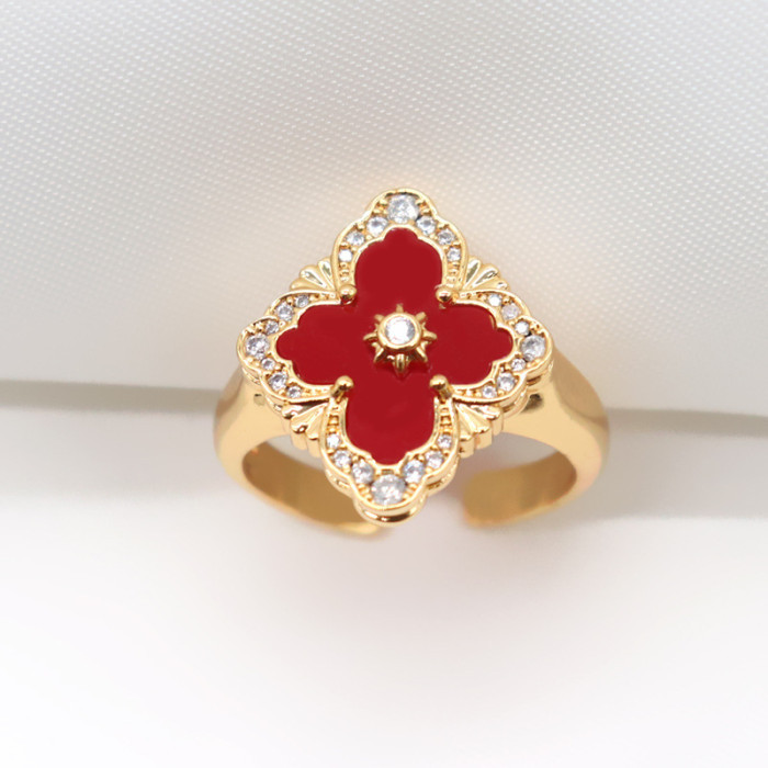 Seiko Diamond Inlaid Clover Female Ring White Fritillaria Agate Clover Index Finger Ring With Adjustable Opening