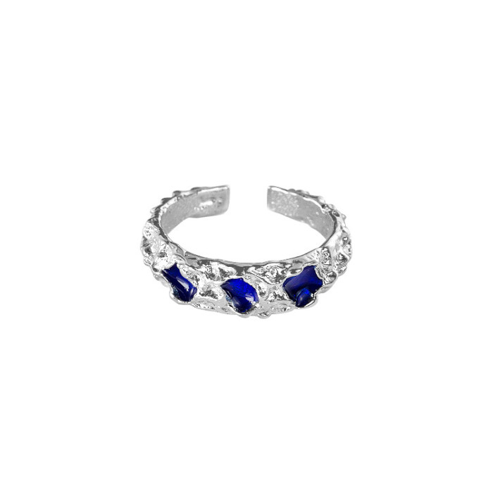 Unique Luxurious Designer Style Lava Texture Glue Dropping Sapphire Open Ring For Women