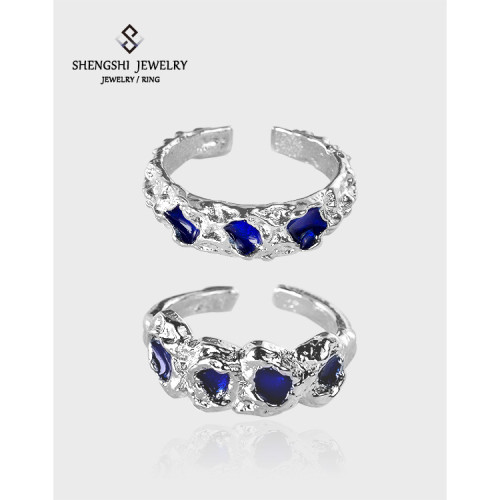 Unique Luxurious Designer Style Lava Texture Glue Dropping Sapphire Open Ring For Women