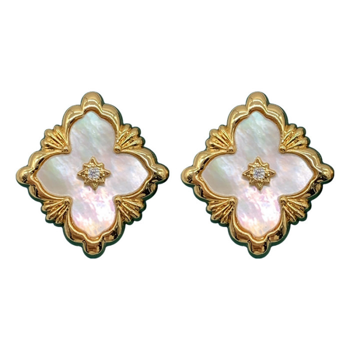 Seiko Clover Earrings Female French Small Fragrant Diamond Agate White Fritillaria Geometric Flower Earrings Fashion Earrings